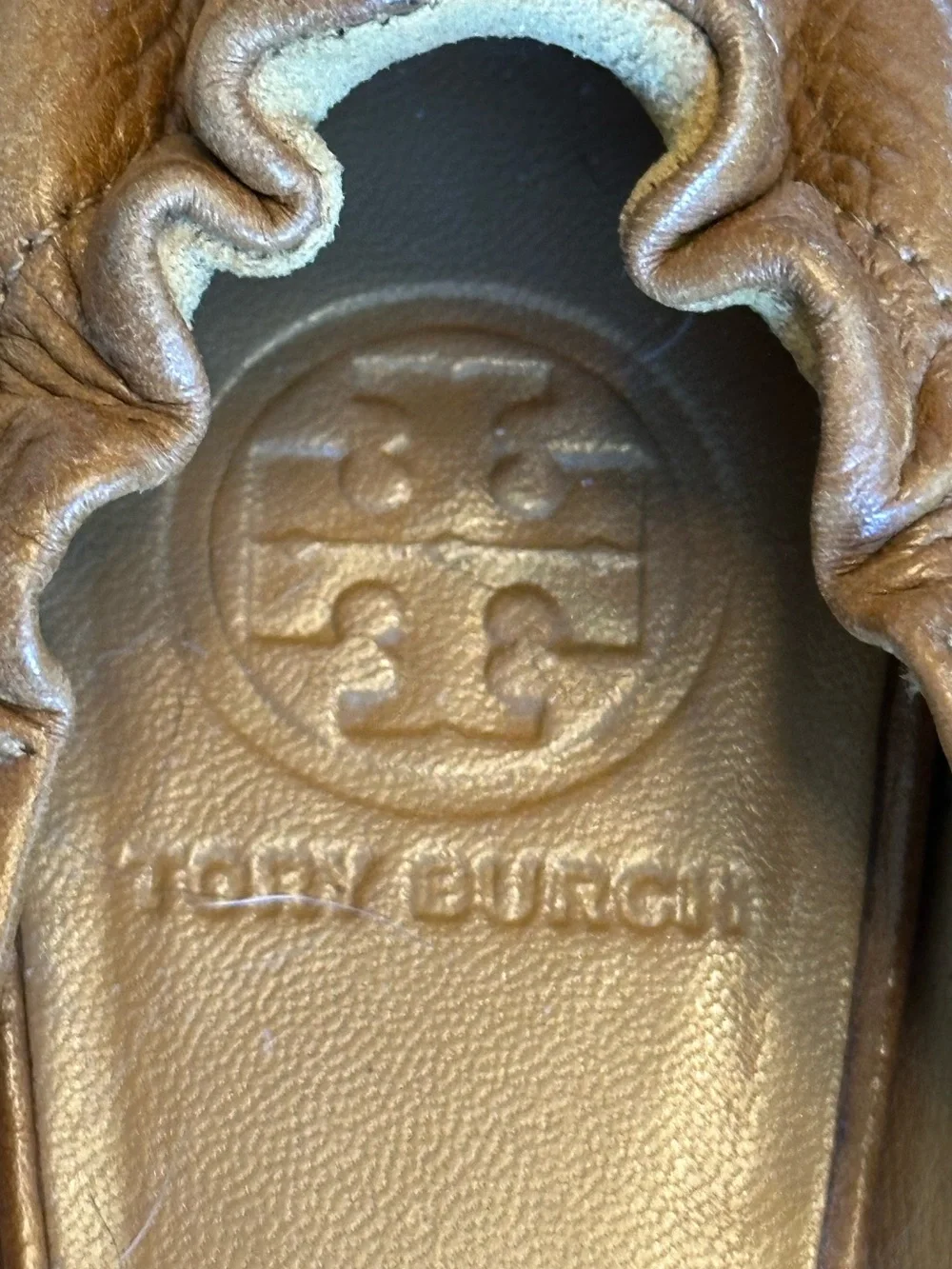 Tory Burch | Reva Tumbled Leather Travel Ballet Flats in Royal Tan, Size 7.5/8